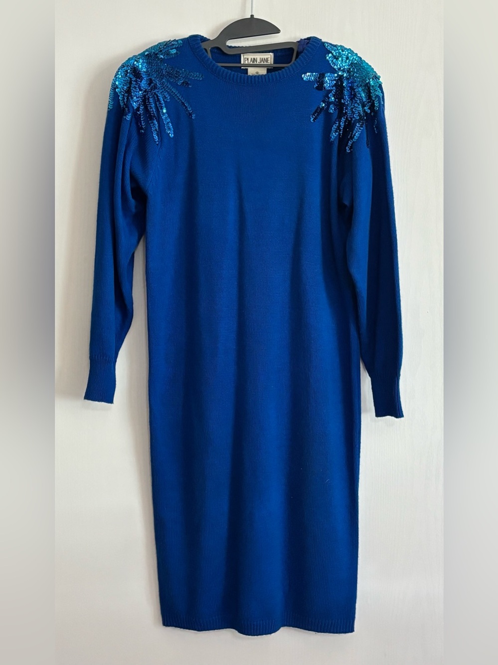 Vintage Plain Jane Sweater Dress Blue Royal Sequins 80s Knit